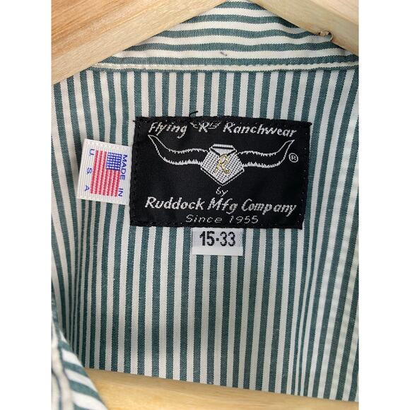 Flying R Ranchwear by Ruddock Men's 15-33 Green Striped Pearl Snap Western Shirt - Picture 4 of 7